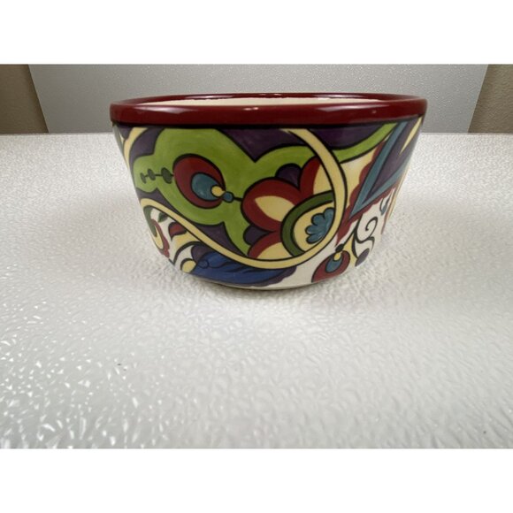 Corsica Kingston Handcrafted Red Trim Ceramic Colorful Paisley Bowl 3" X 3.75" - Picture 2 of 9